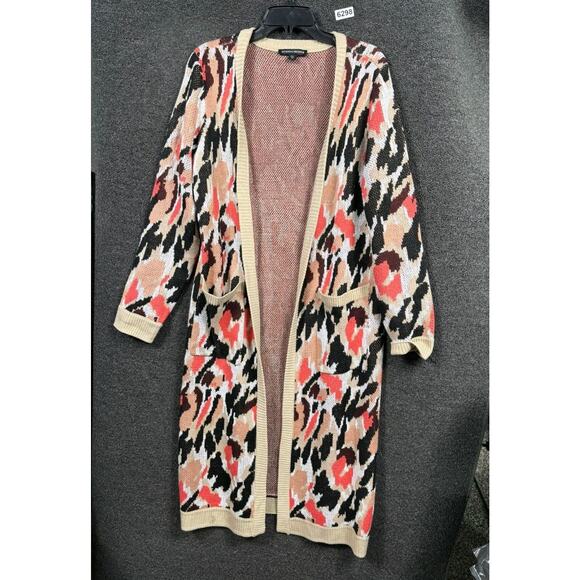 Boston Proper Sweater Womens Large Tan Animal Print Long Open Front Cardigan - Picture 2 of 8